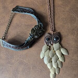 Owl Pendant Necklace and Bracelet Set in Gold and Brown